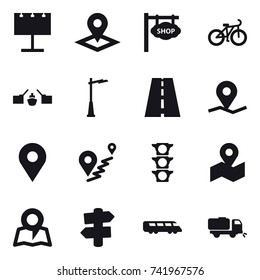 16 vector icon set : billboard, pointer, shop signboard, bike, drawbridge, outdoor light, map, signpost, sweeper