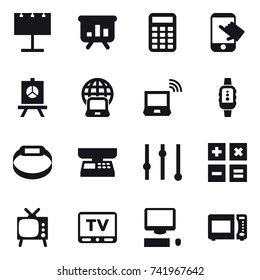 16 vector icon set : billboard, presentation, calculator, touch, notebook globe, notebook wireless, smartwatch, smart bracelet, market scales, equalizer, tv