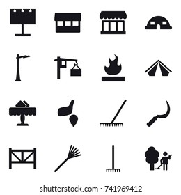 16 vector icon set : billboard, market, dome house, outdoor light, tent, restaurant, golf, rake, sickle, farm fence, garden cleaning
