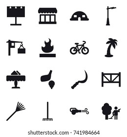 16 vector icon set : billboard, market, dome house, outdoor light, bike, palm, restaurant, golf, sickle, farm fence, rake, blower, garden cleaning