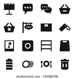 16 vector icon set : billboard, message, discussion, remove from basket, delete cart, shop signboard, photo, ring button, rack, cutting board, trash bin