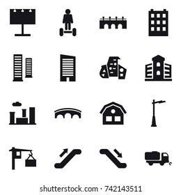 16 vector icon set : billboard, hover board, bridge, building, skyscrapers, skyscraper, modern architecture, city, house, outdoor light, escalator, sweeper