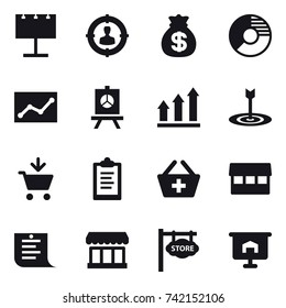16 vector icon set : billboard, target audience, money bag, circle diagram, statistic, presentation, graph up, target, add to cart, clipboard, add to basket, market, shopping list, store signboard