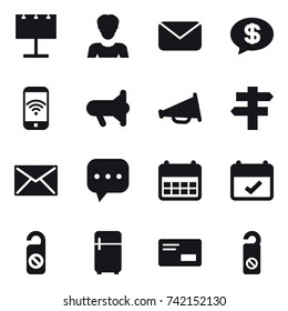 16 vector icon set : billboard, woman, mail, money message, phone wireless, megafon, loudspeaker, singlepost, do not distrub, fridge