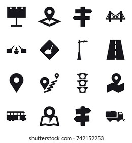 16 vector icon set : billboard, pointer, singlepost, bridge, drawbridge, under construction, outdoor light, bus, map, signpost, sweeper