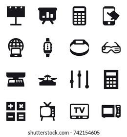 16 vector icon set : billboard, presentation, calculator, touch, notebook globe, smartwatch, smart bracelet, smart glasses, market scales, scales, equalizer, tv