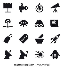 16 vector icon set : billboard, satellite, rocket, telescope, laser, ufo, lunar rover, shopping list, label, sale label, satellite antenna
