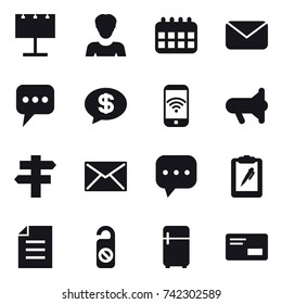 16 vector icon set : billboard, woman, calendar, mail, message, money message, phone wireless, megaphone, single post, do not disturb, fridge