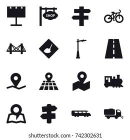 16 vector icon set : billboard, shop signboard, single post, bike, bridge, under construction, outdoor light, train, map, signpost, sweeper