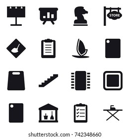 16 vector icon set : billboard, presentation, chess horse, store signboard, under construction, windsurfing, cutting board, stairs, utility room, clipboard list, iron board