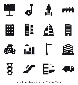 16 vector icon set : billboard, segway, hoverboard, bridge, building, skyscrapers, skyscraper, modern architecture, city, outdoor light, escalator, hotel, trash truck