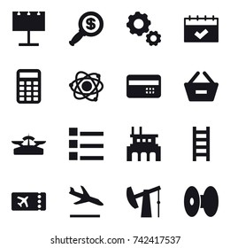 16 vector icon set : billboard, dollar magnifier, gear, calendar, calculator, atom, credit card, remove from basket, scales, list, factory, stairs, ticket, arrival