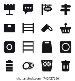16 vector icon set : billboard, message, shop signboard, singlepost, ring button, rack, cutting board, trash bin