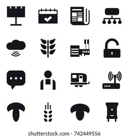 16 vector icon set : billboard, calendar, newspaper, structure, cloud wireless, mall, unlock, trailer, spikelets, mushroom, hive