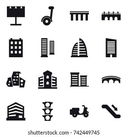 16 vector icon set : billboard, segway, bridge, building, skyscrapers, skyscraper, modern architecture, district, escalator