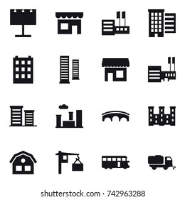 16 vector icon set : billboard, shop, store, houses, building, skyscrapers, mall, district, city, bridge, palace, house, bus, sweeper