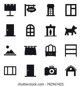 16 vector icon set : billboard, shop signboard, building, window, door, arch window, detector, dog, landscape, curtain, dresser, rack, barn