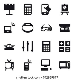 16 vector icon set : billboard, calculator, touch, presentation, notebook wireless, smart bracelet, smart glasses, market scales, scales, equalizer, tv