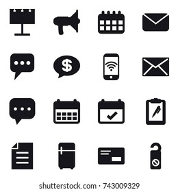 16 vector icon set : billboard, loudspeaker, calendar, mail, message, money message, phone wireless, fridge, do not distrub