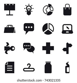 16 vector icon set : billboard, bulb, circle diagram, shopping bag, message, diagram, notebook, satellite, discussion, hanger, toilet cleanser