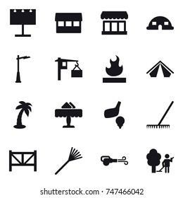 16 vector icon set : billboard, market, dome house, outdoor light, tent, palm, restaurant, golf, rake, farm fence, blower, garden cleaning