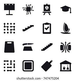 16 vector icon set : billboard, chip, presentation, graduate hat, stairs, windsurfing, cutting board, utility room