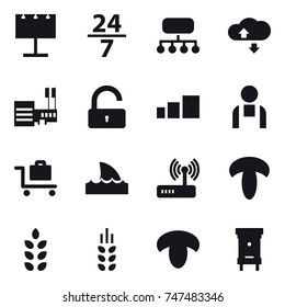 16 vector icon set : billboard, 24/7, structure, cloude service, mall, unlock, baggage trolley, shark flipper, spikelets, mushroom, hive