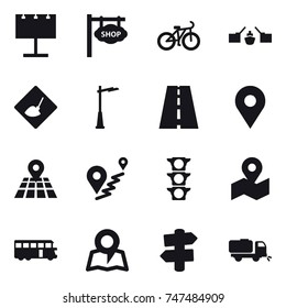16 vector icon set : billboard, shop signboard, bike, drawbridge, under construction, outdoor light, bus, map, signpost, sweeper