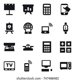 16 vector icon set : billboard, presentation, calculator, touch, notebook globe, notebook wireless, smartwatch, market scales, scales, tv