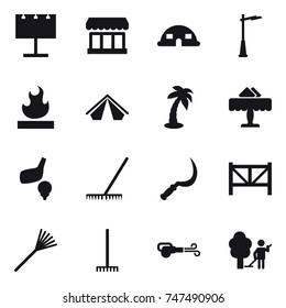 16 vector icon set : billboard, market, dome house, outdoor light, tent, palm, restaurant, golf, rake, sickle, farm fence, blower, garden cleaning