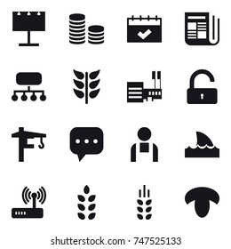 16 vector icon set : billboard, coin stack, calendar, newspaper, structure, mall, unlock, tower crane, shark flipper, spikelets, mushroom