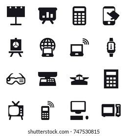 16 vector icon set : billboard, presentation, calculator, touch, notebook globe, notebook wireless, smartwatch, smart glasses, market scales, scales, tv