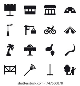 16 vector icon set : billboard, market, dome house, outdoor light, bike, tent, palm, restaurant, golf, sickle, farm fence, rake, garden cleaning
