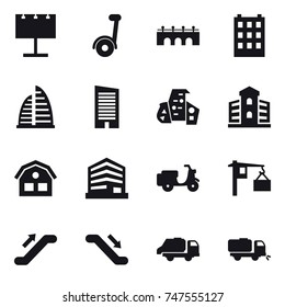 16 vector icon set : billboard, bridge, building, skyscraper, modern architecture, house, escalator, trash truck, sweeper