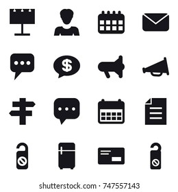 16 vector icon set : billboard, woman, calendar, mail, message, money message, megaphone, loudspeaker, single post, do not disturb, fridge