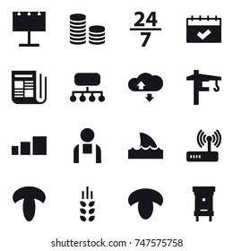 16 vector icon set : billboard, coin stack, 24/7, calendar, newspaper, structure, cloud service, tower crane, shark flipper, spikelets, mushroom, hive