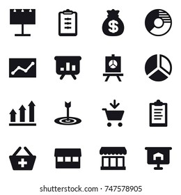 16 vector icon set : billboard, clipboard, money bag, circle diagram, statistic, presentation, diagram, graph up, target, add to cart, add to basket, market