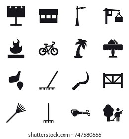 16 vector icon set : billboard, market, outdoor light, bike, palm, restaurant, golf, rake, sickle, farm fence, blower, garden cleaning