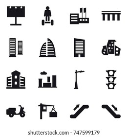 16 vector icon set : billboard, hoverboard, store, bridge, skyscrapers, skyscraper, modern architecture, building, city, outdoor light, escalator