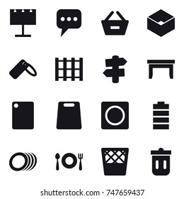 16 vector icon set : billboard, message, remove from basket, box, signpost, table, cutting board, ring button, trash bin