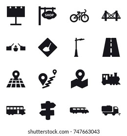 16 vector icon set : billboard, shop signboard, bike, bridge, drawbridge, under construction, outdoor light, train, bus, signpost, sweeper