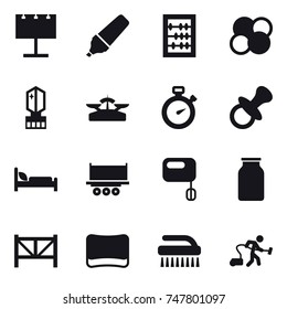 16 vector icon set : billboard, marker, abacus, atom core, crystall  memory, scales, stopwatch, nipple, farm fence, sponge, brush, vacuum cleaner