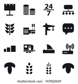 16 vector icon set : billboard, coin stack, 24/7, structure, mall, tower crane, trailer, shark flipper, spikelets, mushroom