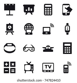 16 vector icon set : billboard, presentation, calculator, touch, notebook globe, notebook wireless, smartwatch, smart bracelet, smart glasses, scales, tv