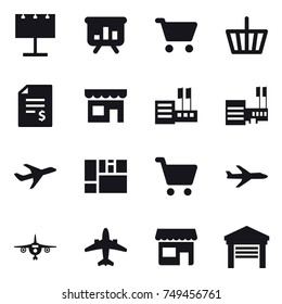 16 vector icon set : billboard, presentation, cart, basket, account balance, shop, store, mall, plane, airplane, garage