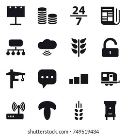16 vector icon set : billboard, coin stack, 24/7, newspaper, structure, cloud wireless, unlock, tower crane, trailer, spikelets, hive