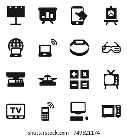 16 vector icon set : billboard, presentation, touch, notebook globe, notebook wireless, smart bracelet, smart glasses, market scales, scales, calculator, tv