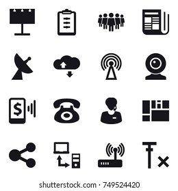 16 vector icon set : billboard, clipboard, team, newspaper, satellite antenna, cloude service, antenna, web cam, mobile pay