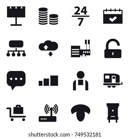 16 vector icon set : billboard, coin stack, 24/7, calendar, structure, cloude service, mall, unlock, trailer, baggage trolley, mushroom, hive