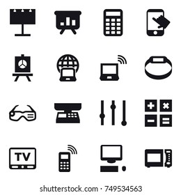 16 vector icon set : billboard, presentation, calculator, touch, notebook globe, notebook wireless, smart bracelet, smart glasses, market scales, equalizer, tv